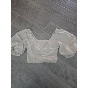 Open Edit Square Neck Puff Sleeve Crop Top‎ Beige Size Small